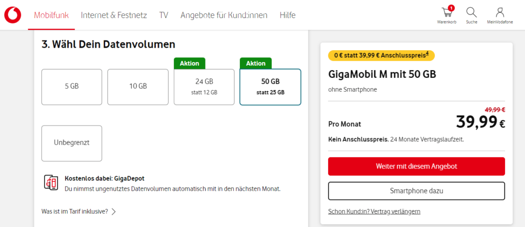 Vodafone eSIM-Karten mit GigaMobil Handytarif